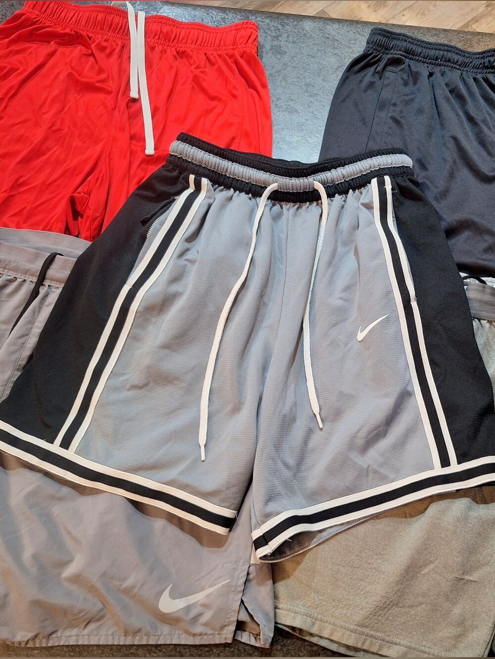 Nike Men’s Gray & Black Athletic Shorts with Red Pair, Lot Of 5